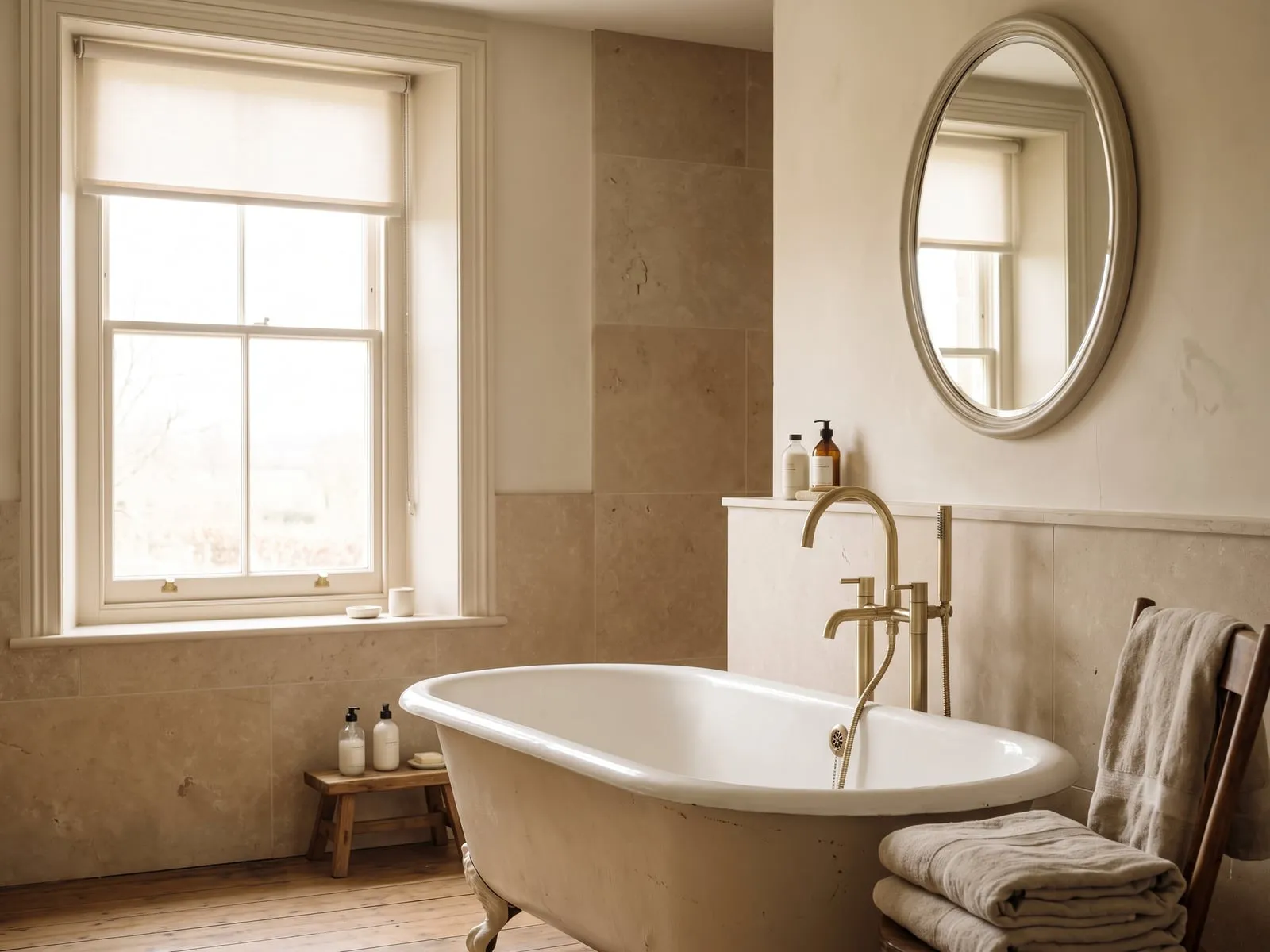 Freestanding bath beside a window with brass taps and a tiled surround