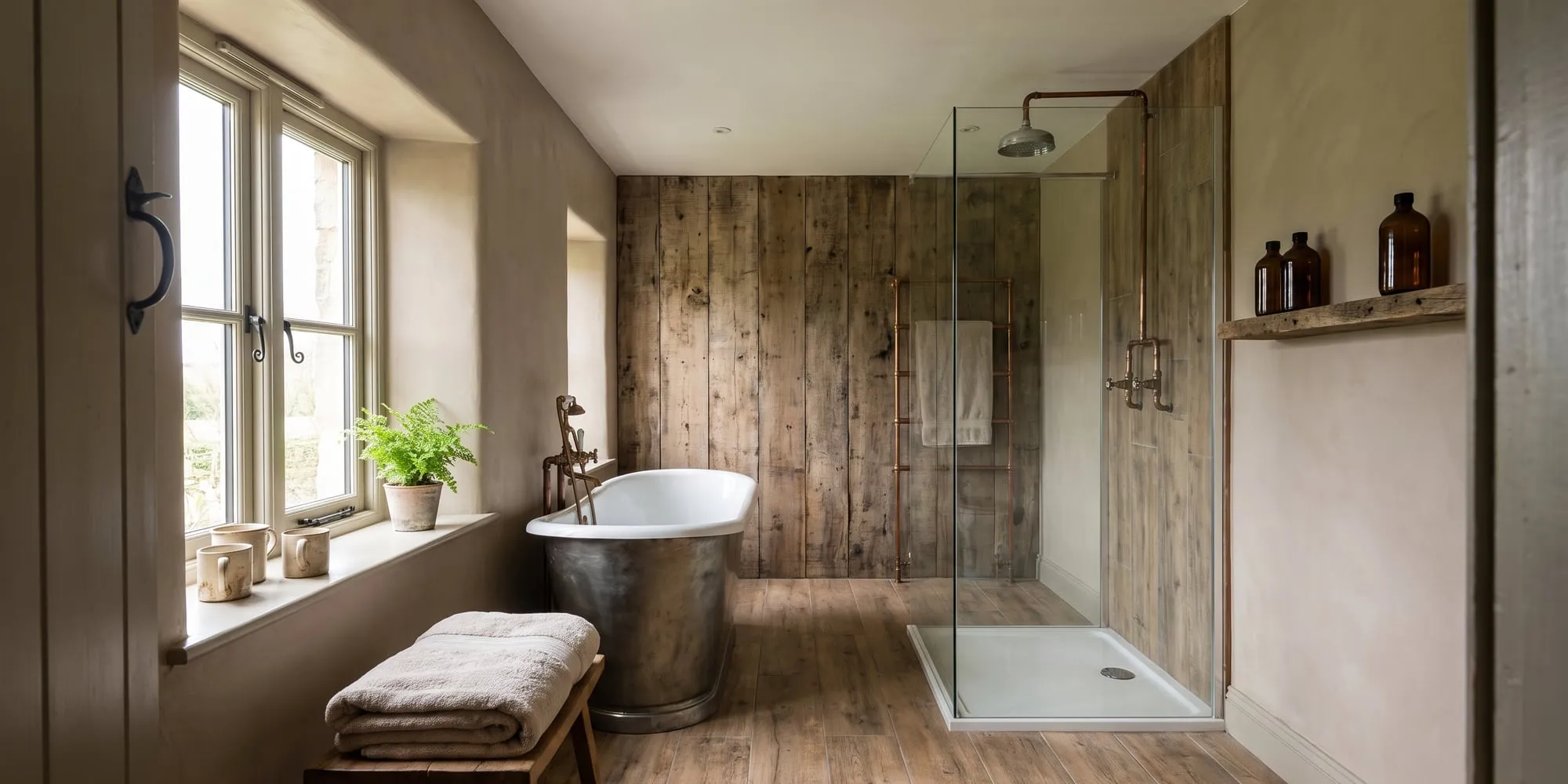 Wide view of a bath and walk-in shower with timber-effect flooring