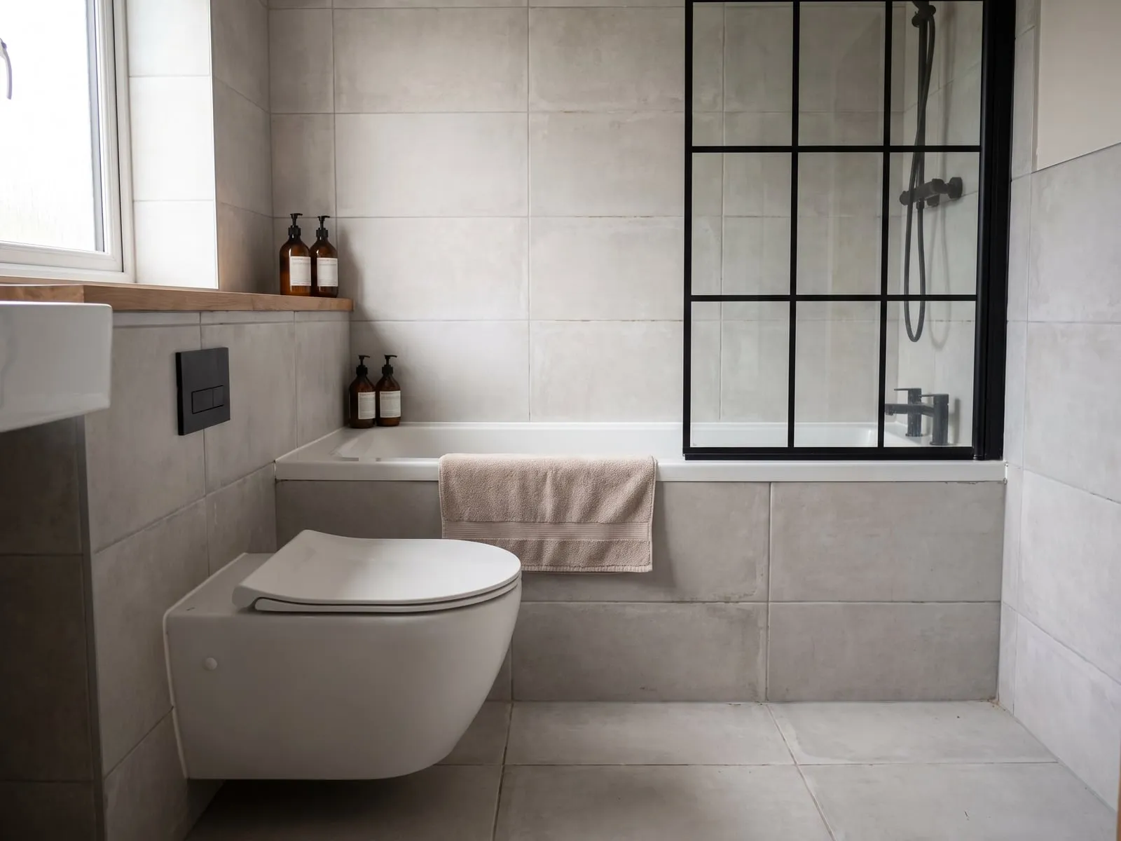 Bath and wall-hung WC separated by a black framed glass screen