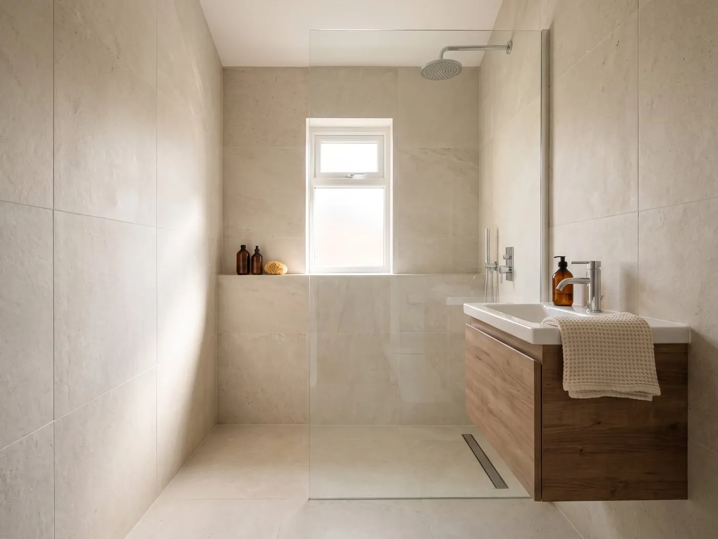 The same bathroom after the work, with a walk-in shower and new vanity