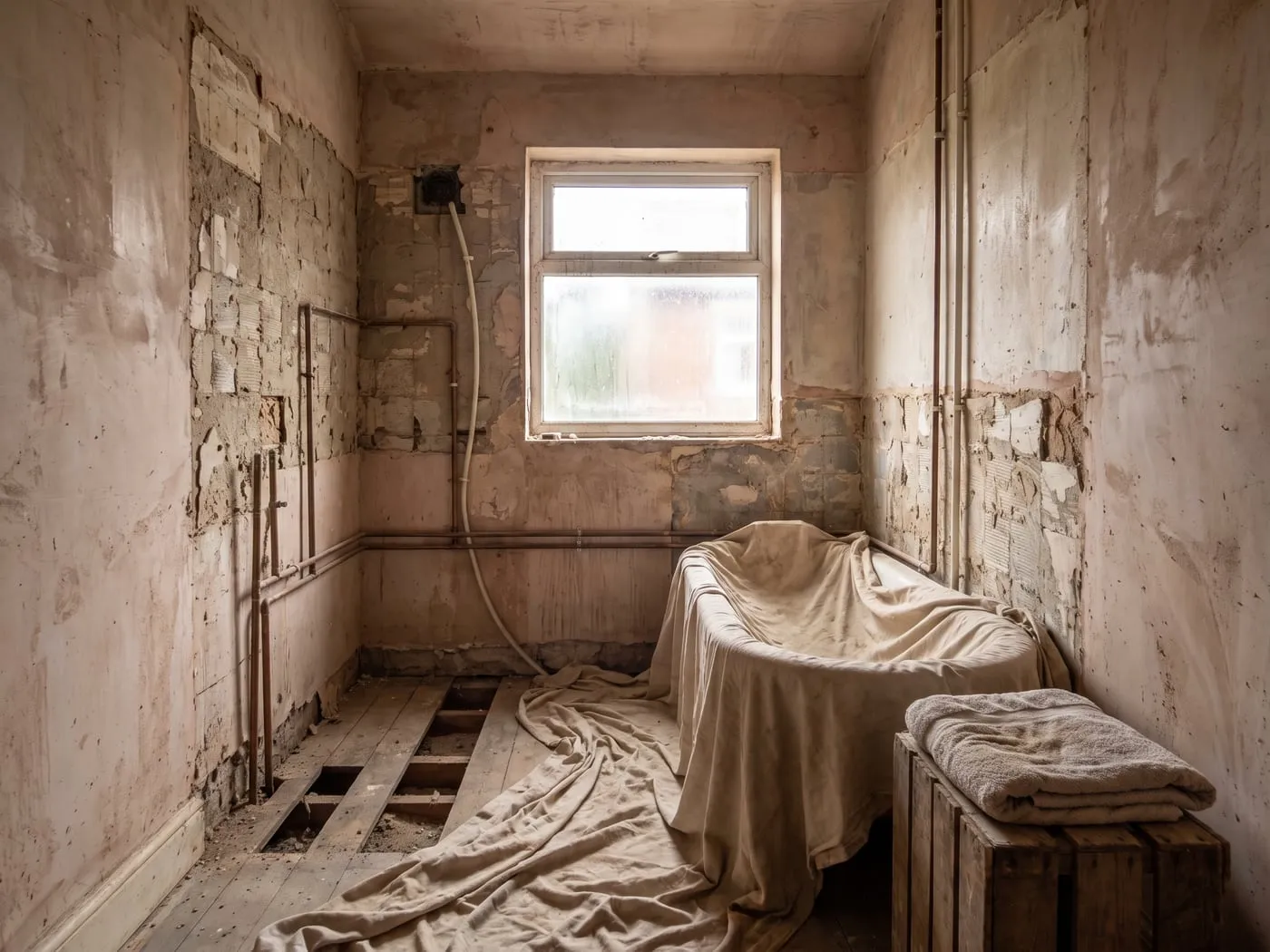 Bathroom before the work, stripped back to the original layout