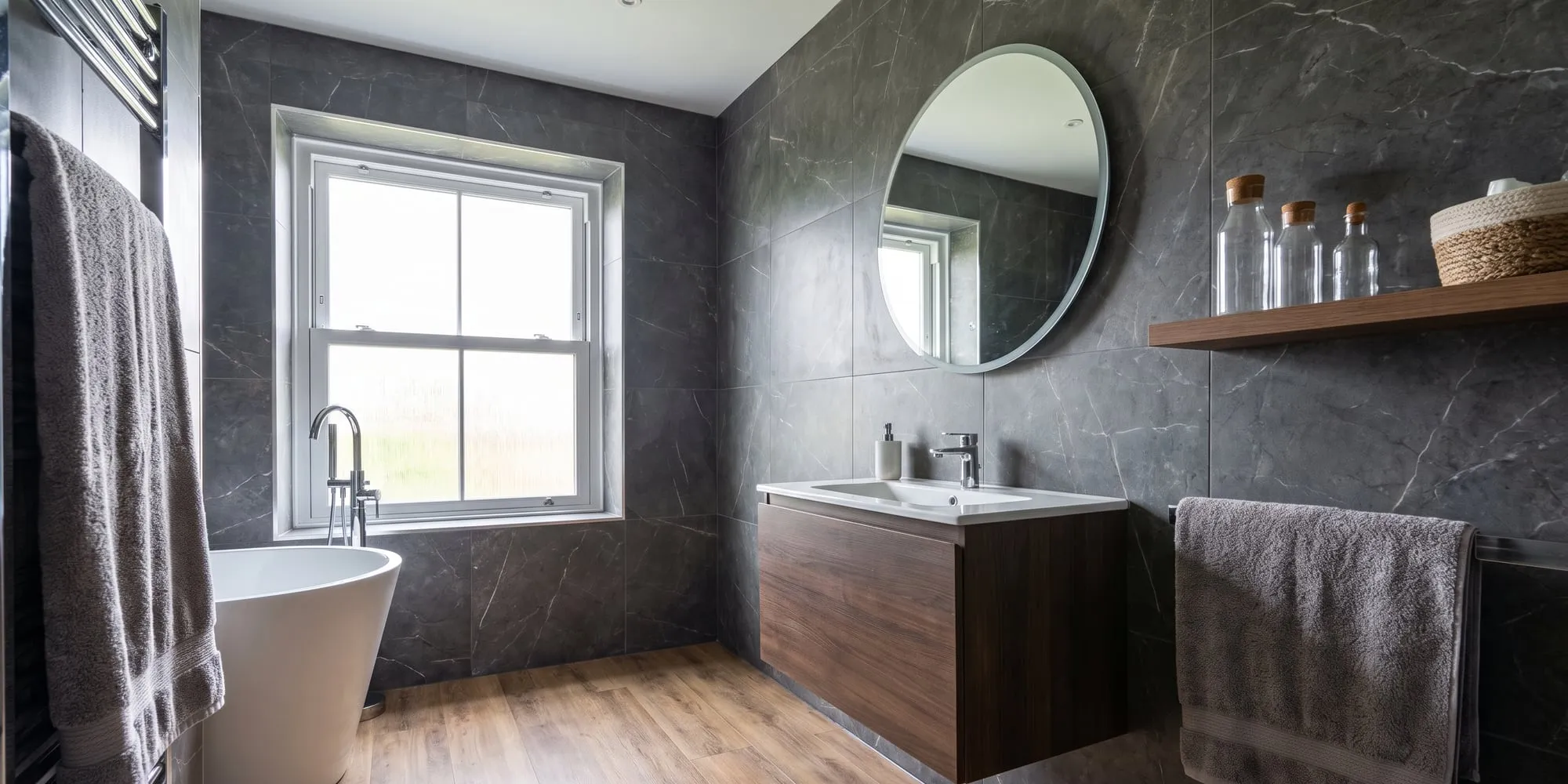 Wide view of black marble-effect tiling against timber-effect flooring
