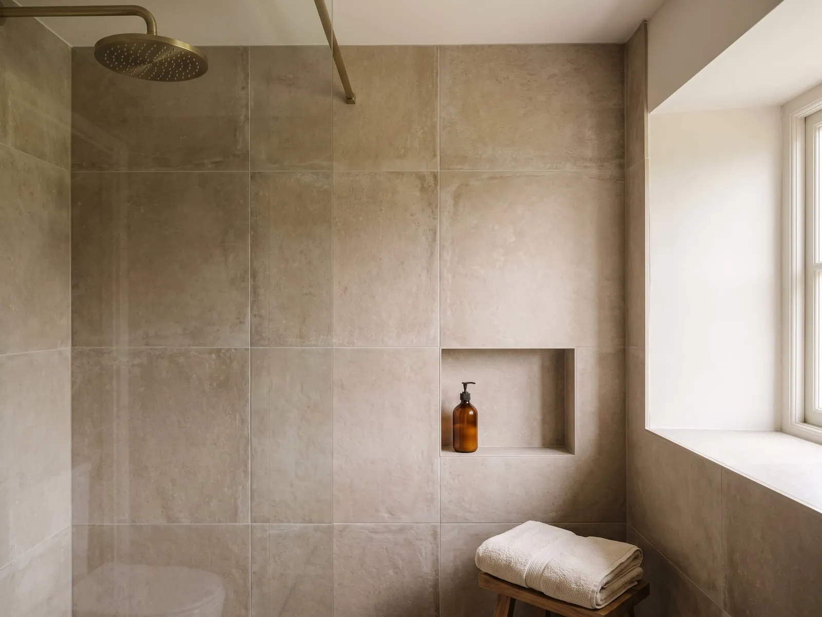 A tiled recess in the shower wall with a brass rainfall head in front of it