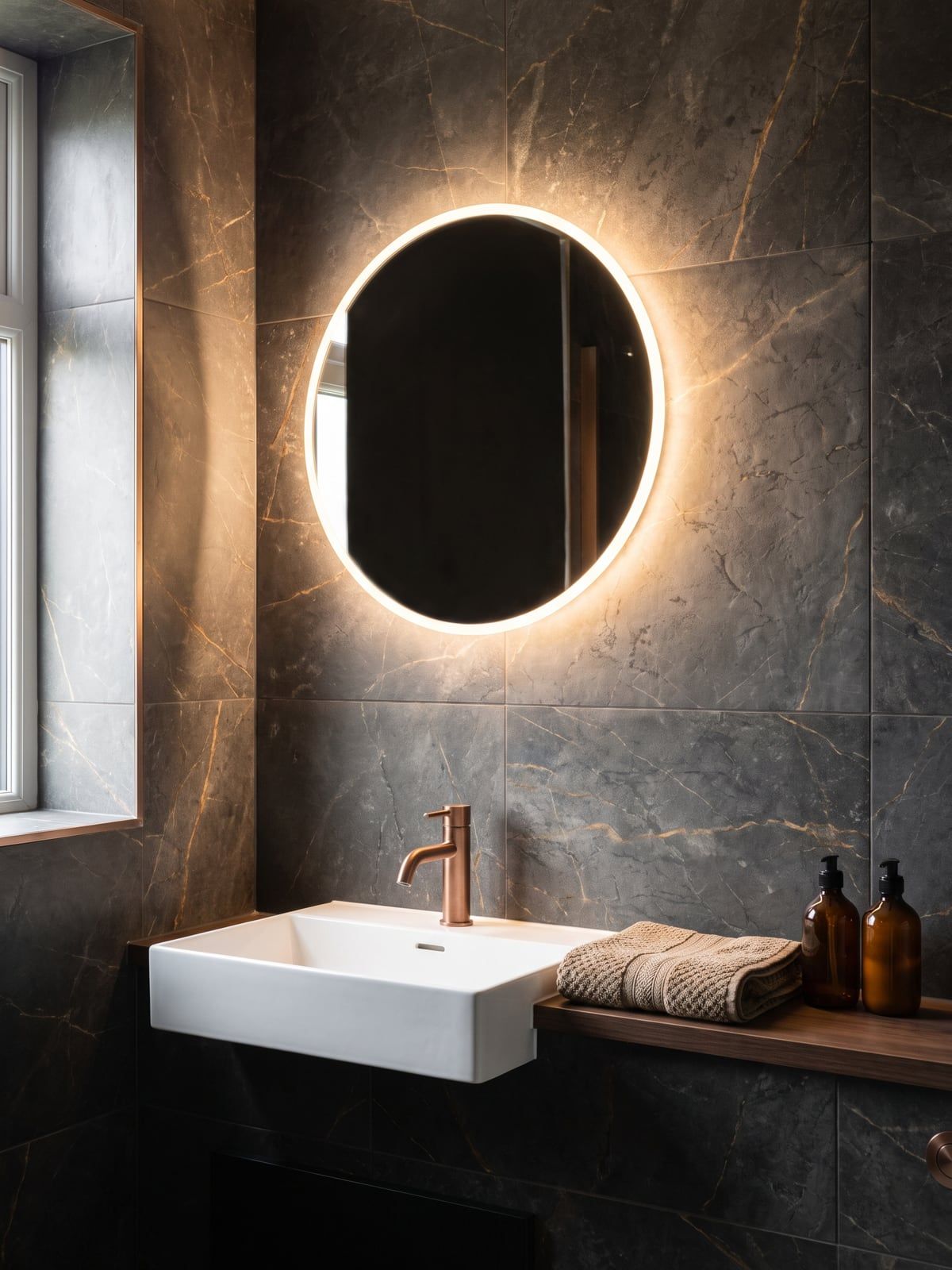 Round backlit mirror above a basin on a wall of dark marble-effect tiles with gold veining, with a brushed copper tap
