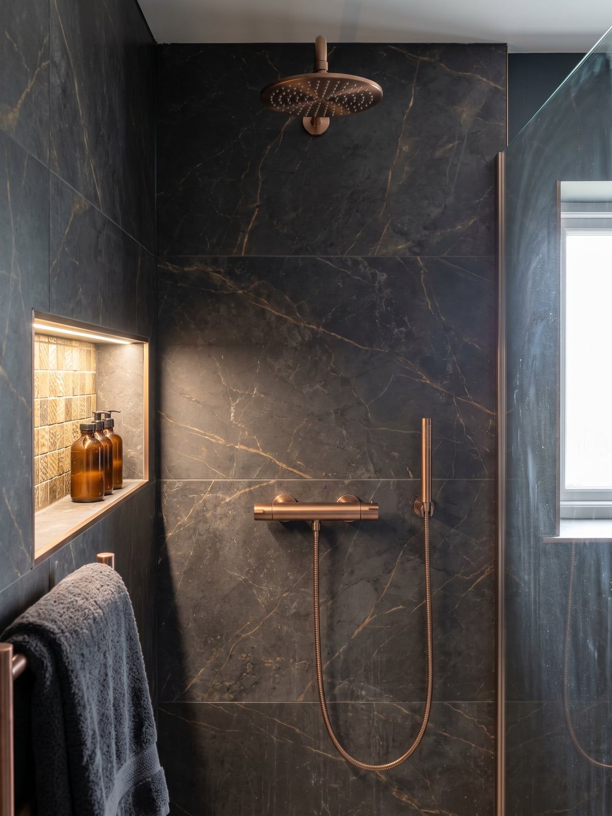 Brushed copper shower set against a wall of dark marble-effect tiles, with a glass screen and a lit recess on the left