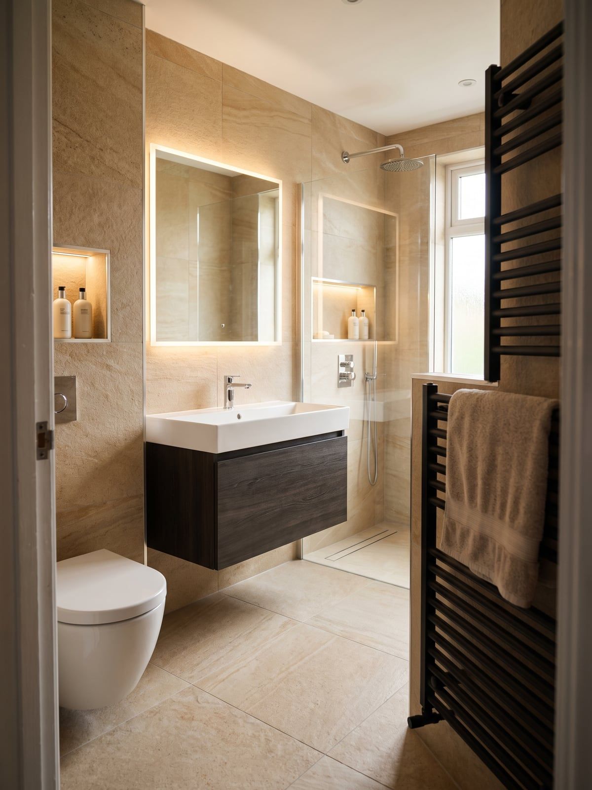 Overview of the bathroom with the wall-hung WC, the dark vanity unit and the matt black towel radiator
