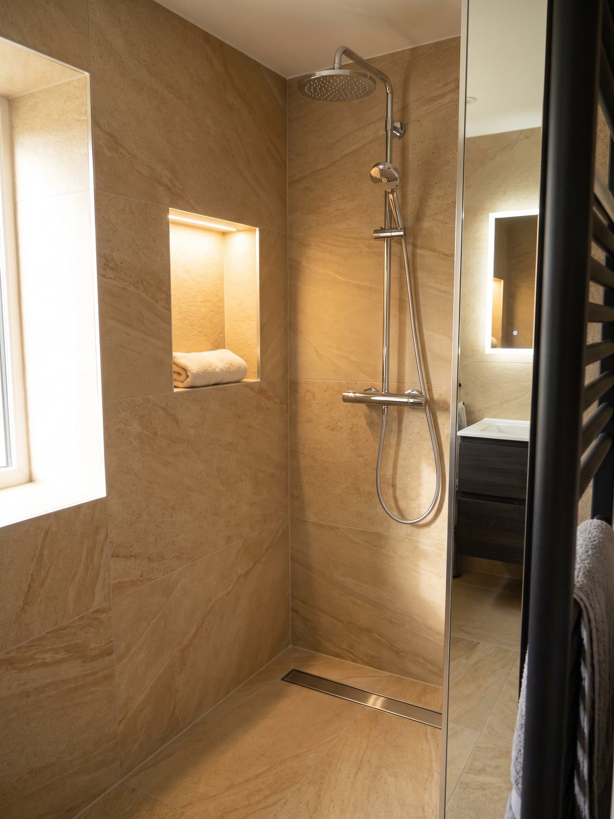 Shower area with a lit recess in the wall, a chrome shower set and a linear drain in the floor