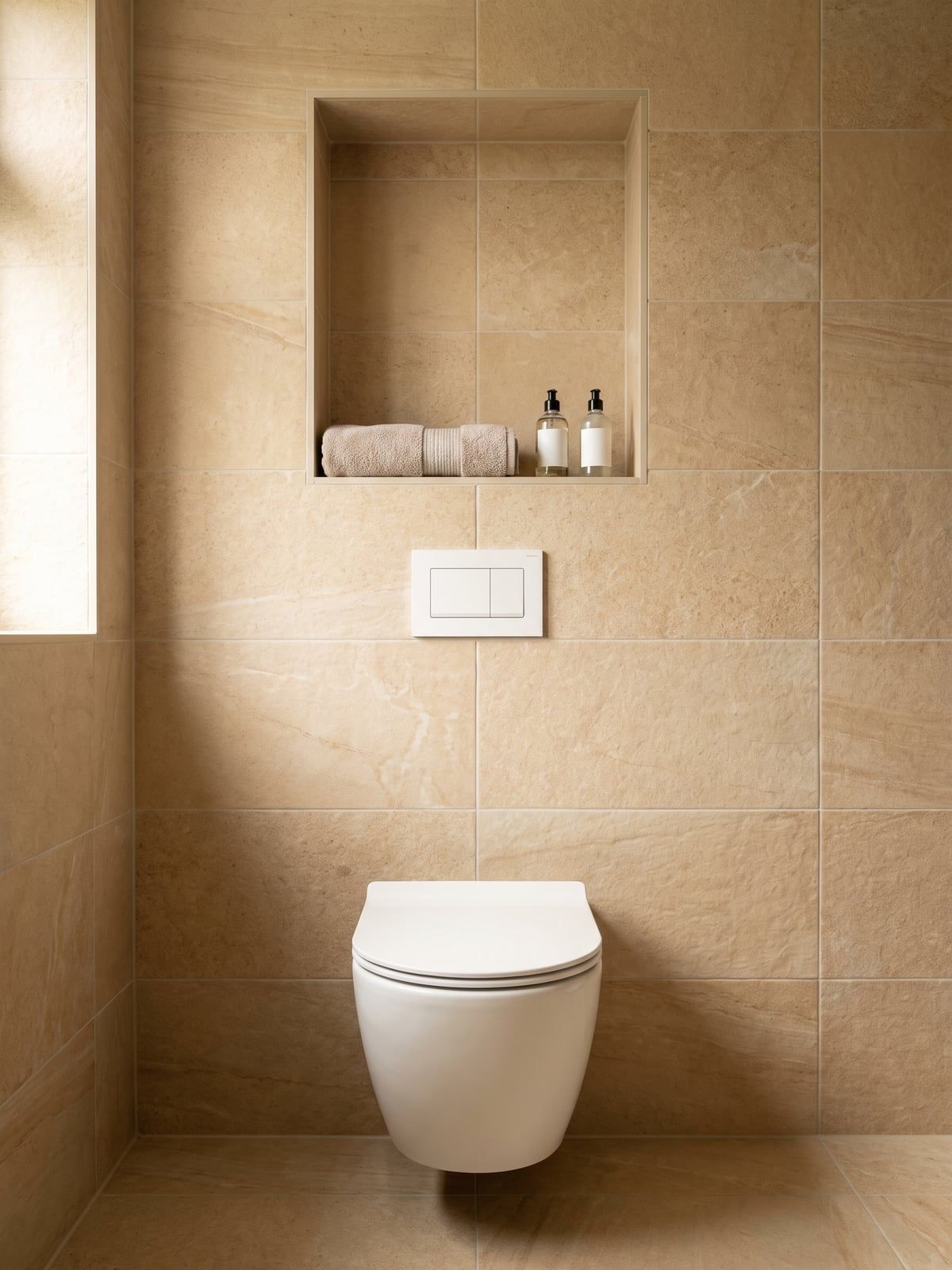 Wall-hung WC with a recess above it and a white flush plate