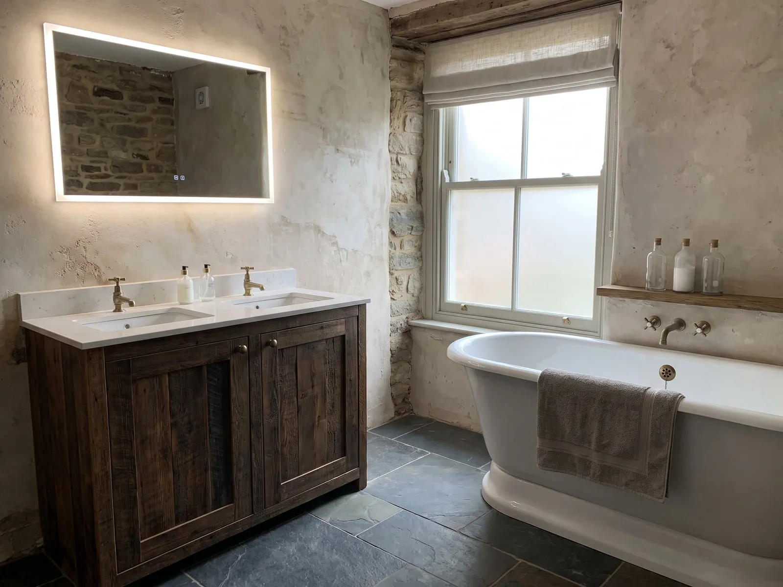 Double basin vanity with a bath along the opposite wall