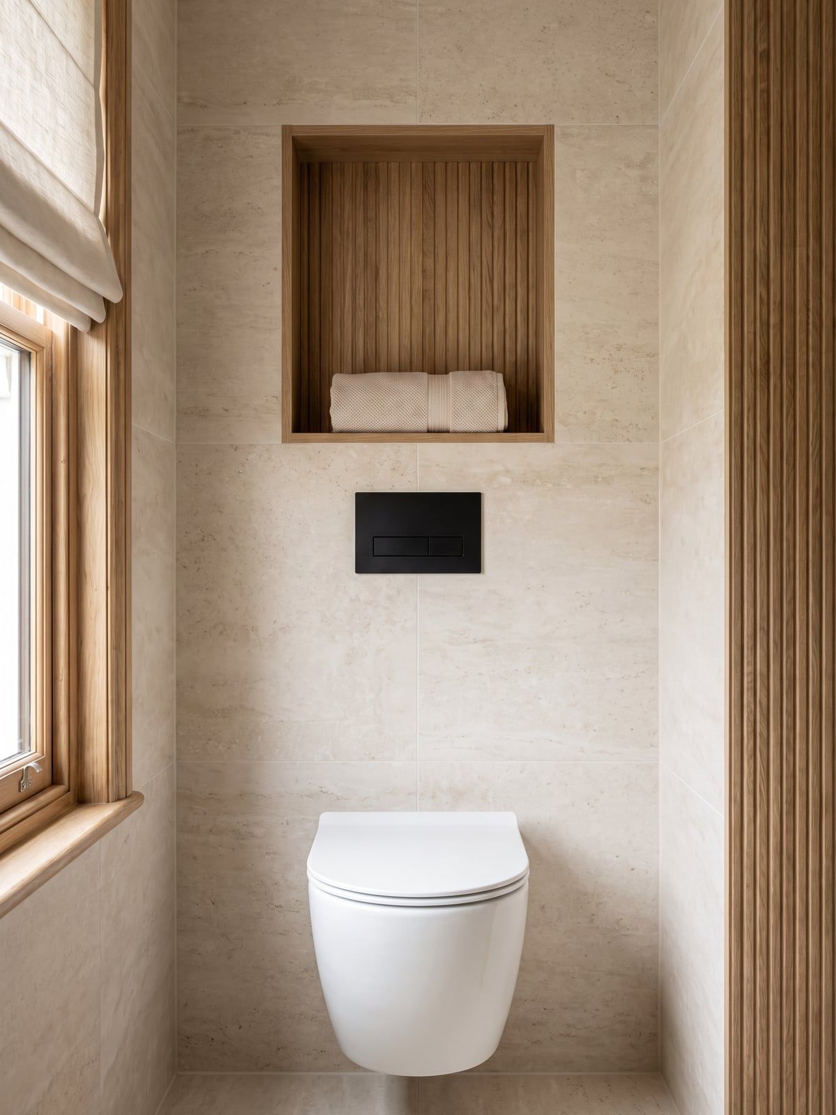 Wall-hung WC against travertine-effect tiles, with a recess lined in fluted tile above it and a black flush plate