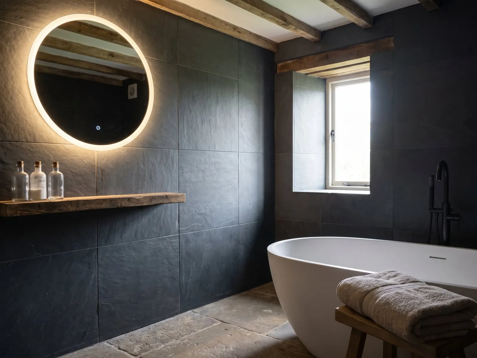 A lit round mirror glowing against a dark tiled wall