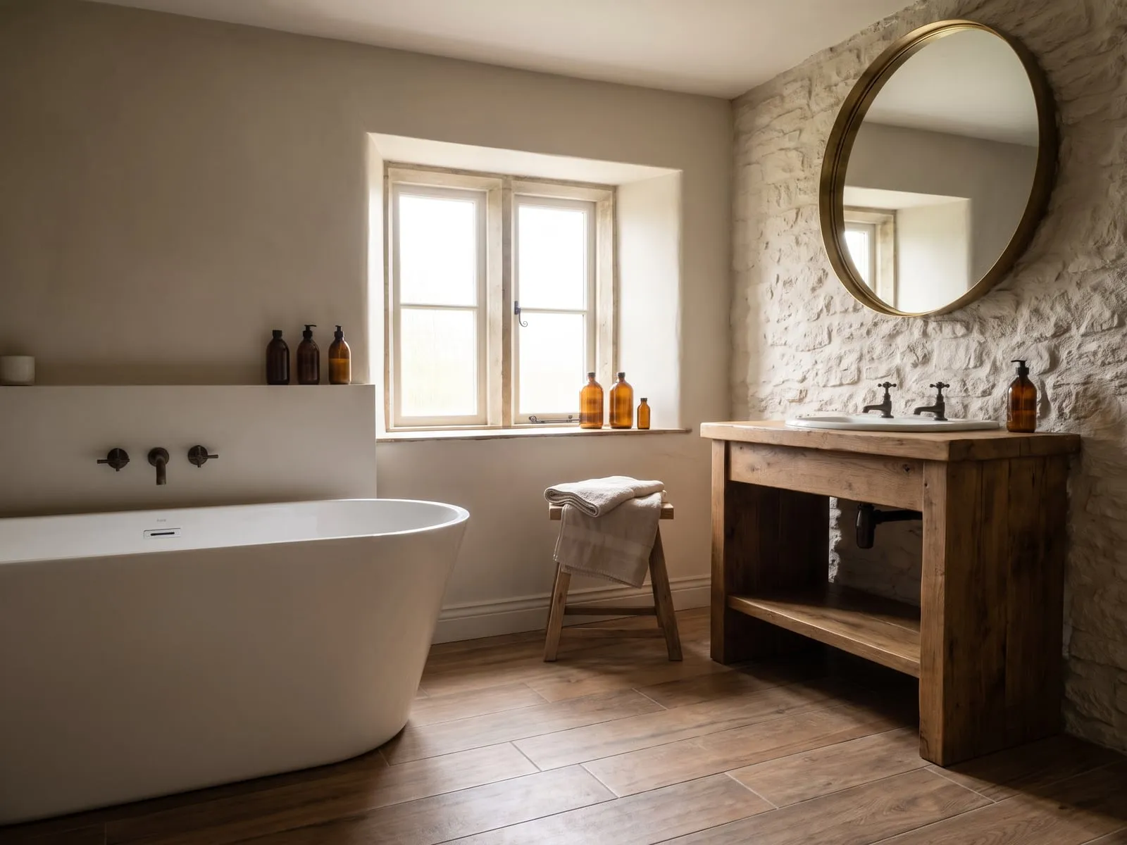 Freestanding bath on timber-effect flooring with a round mirror behind