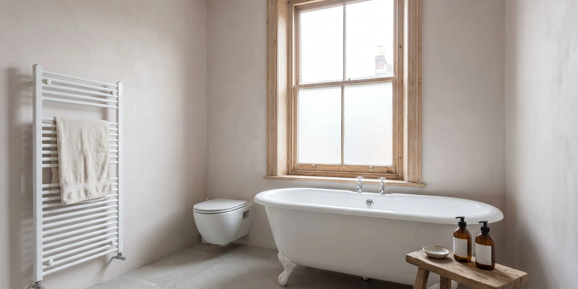 Bathroom with a freestanding bath under a long window, a wall-hung WC and a white towel radiator