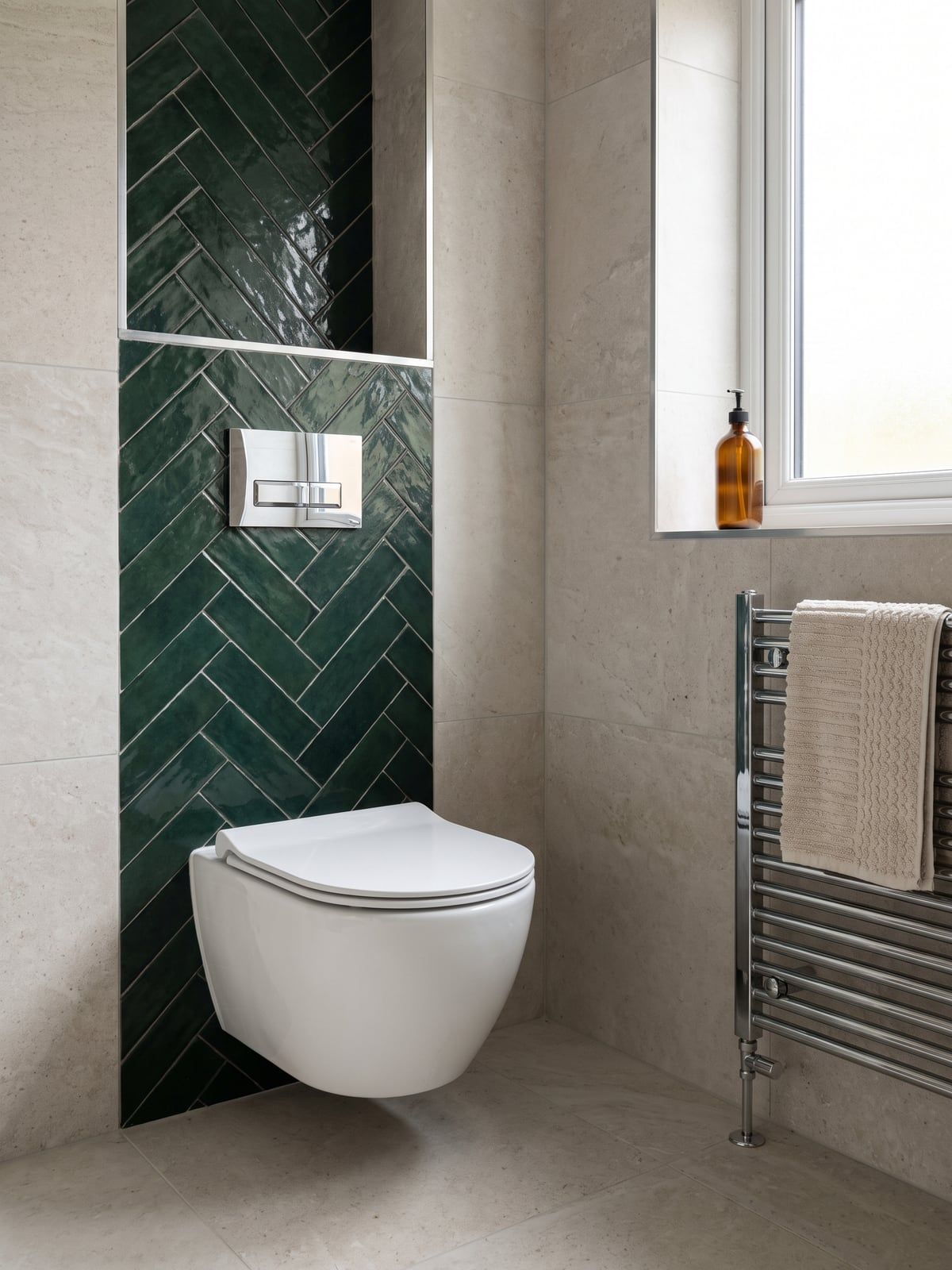Wall-hung WC against a panel of green herringbone tile, with pale stone-effect tiles beside it and a chrome flush plate