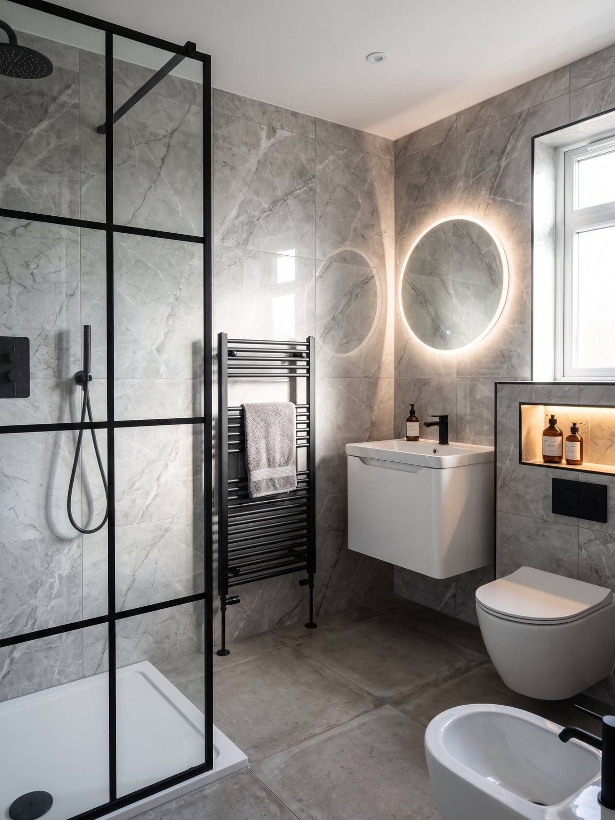 Bathroom with a black steel-framed shower screen, a round backlit mirror and a white gloss vanity unit against grey marble-effect tiles