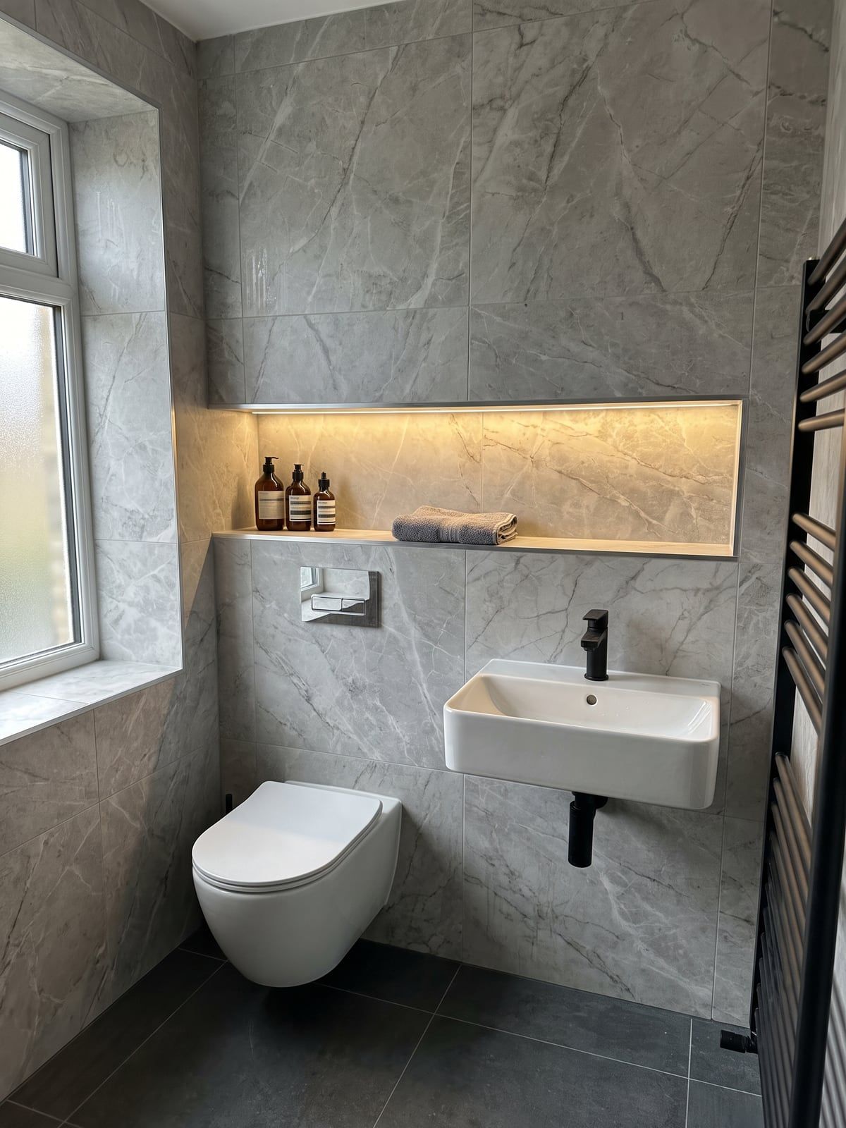 Wall-hung WC with a lit shelf recess above it and a small hand basin on the right