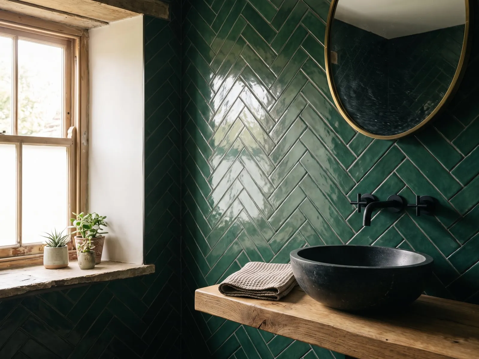 Herringbone tiling in green with a dark stone basin and matt black tap