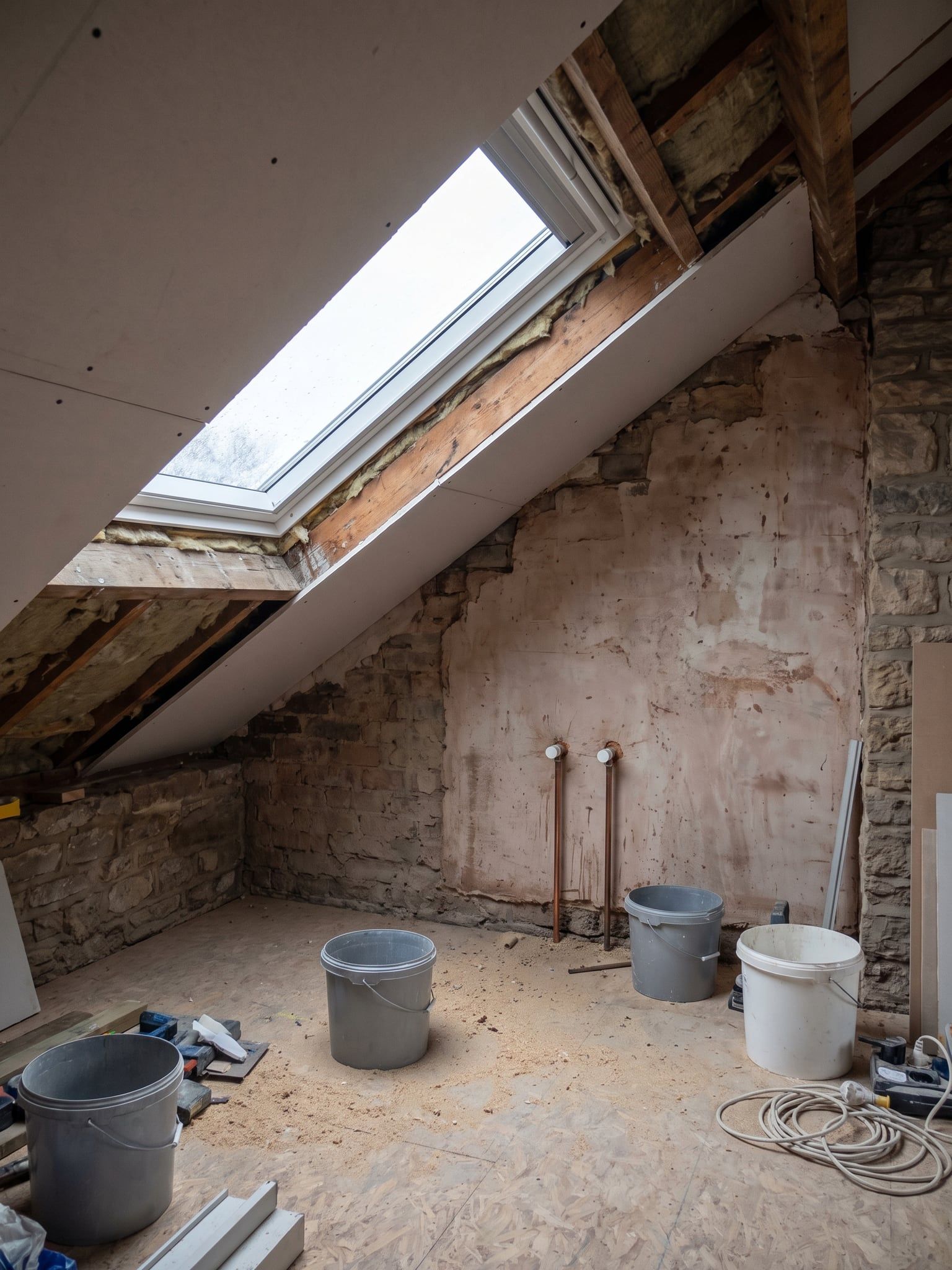 Bare wall under the sloping ceiling with pipe connection points and buckets on the floor