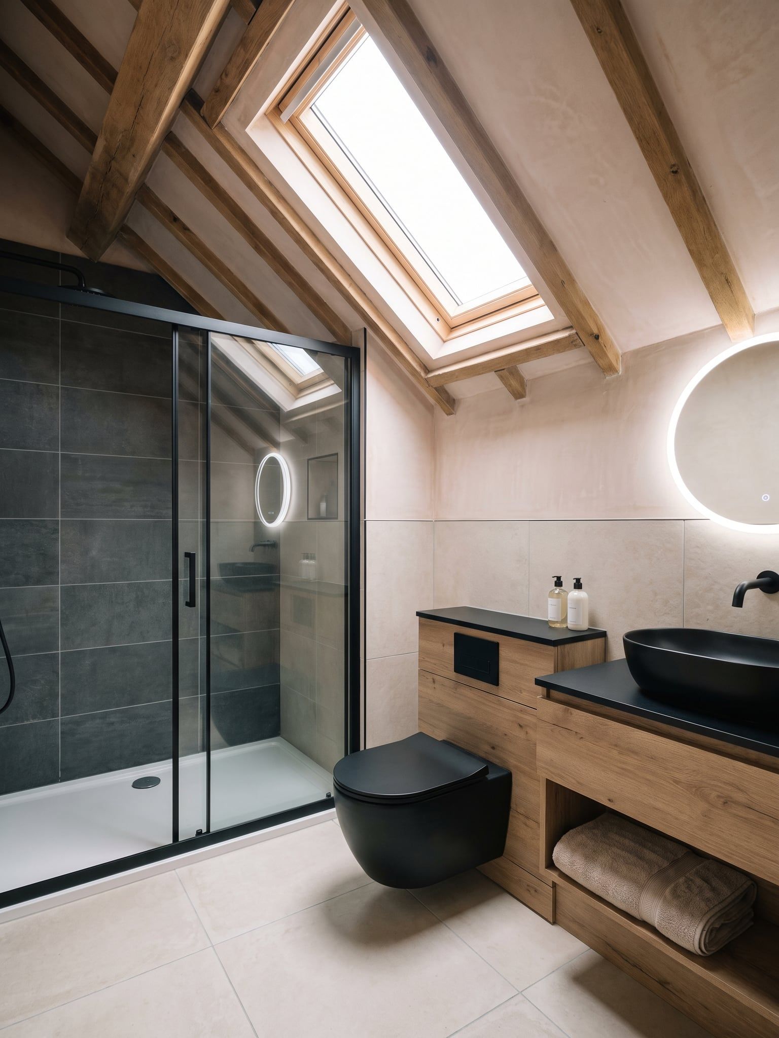 Finished loft bathroom with a shower behind a black-framed sliding door, a matt black wall-hung WC and an oak-effect vanity unit with a black top and a black basin