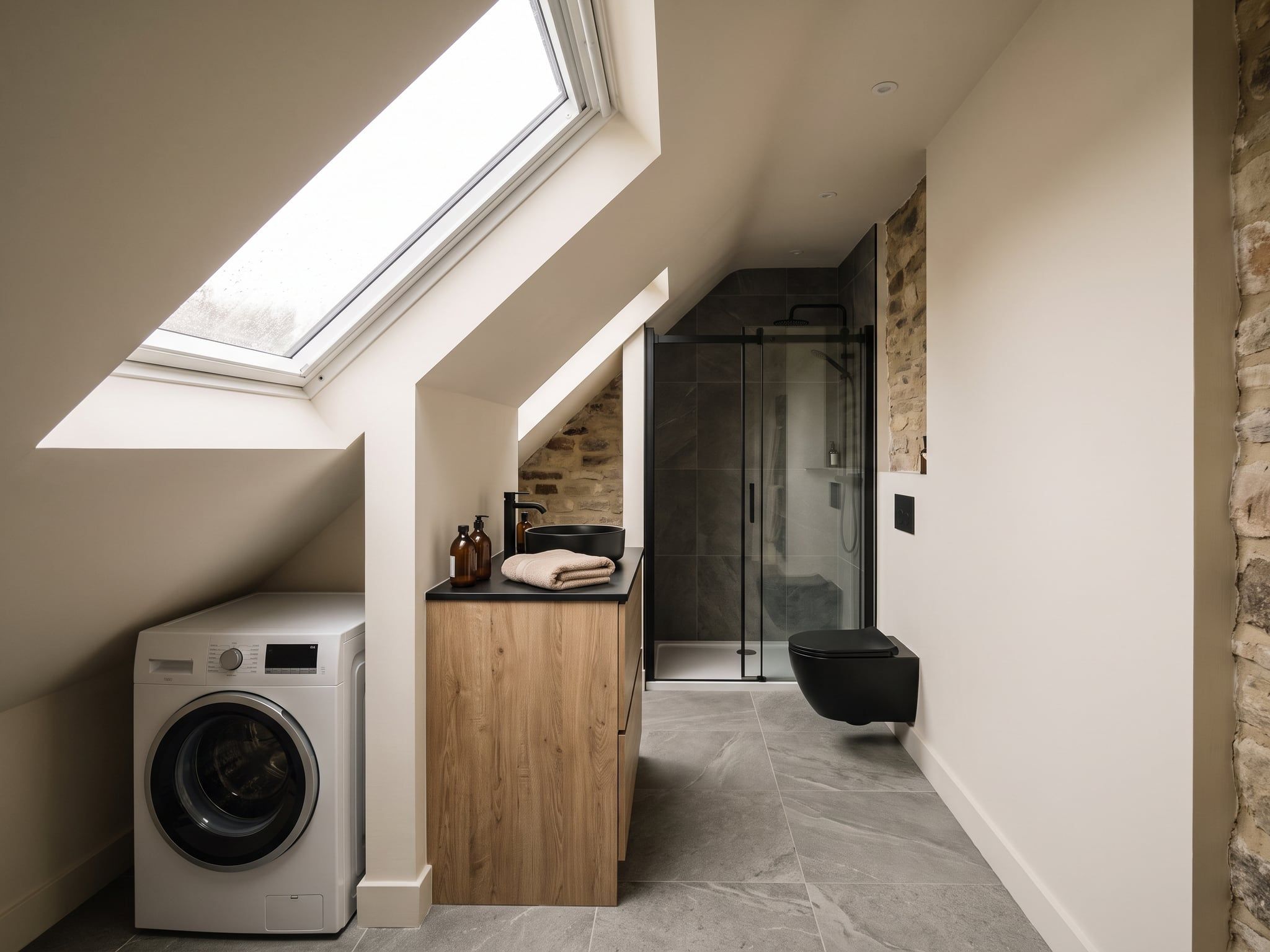 The finished loft bathroom along its length, with the washing machine under the sloping ceiling, the oak-effect vanity unit, the shower and the black WC