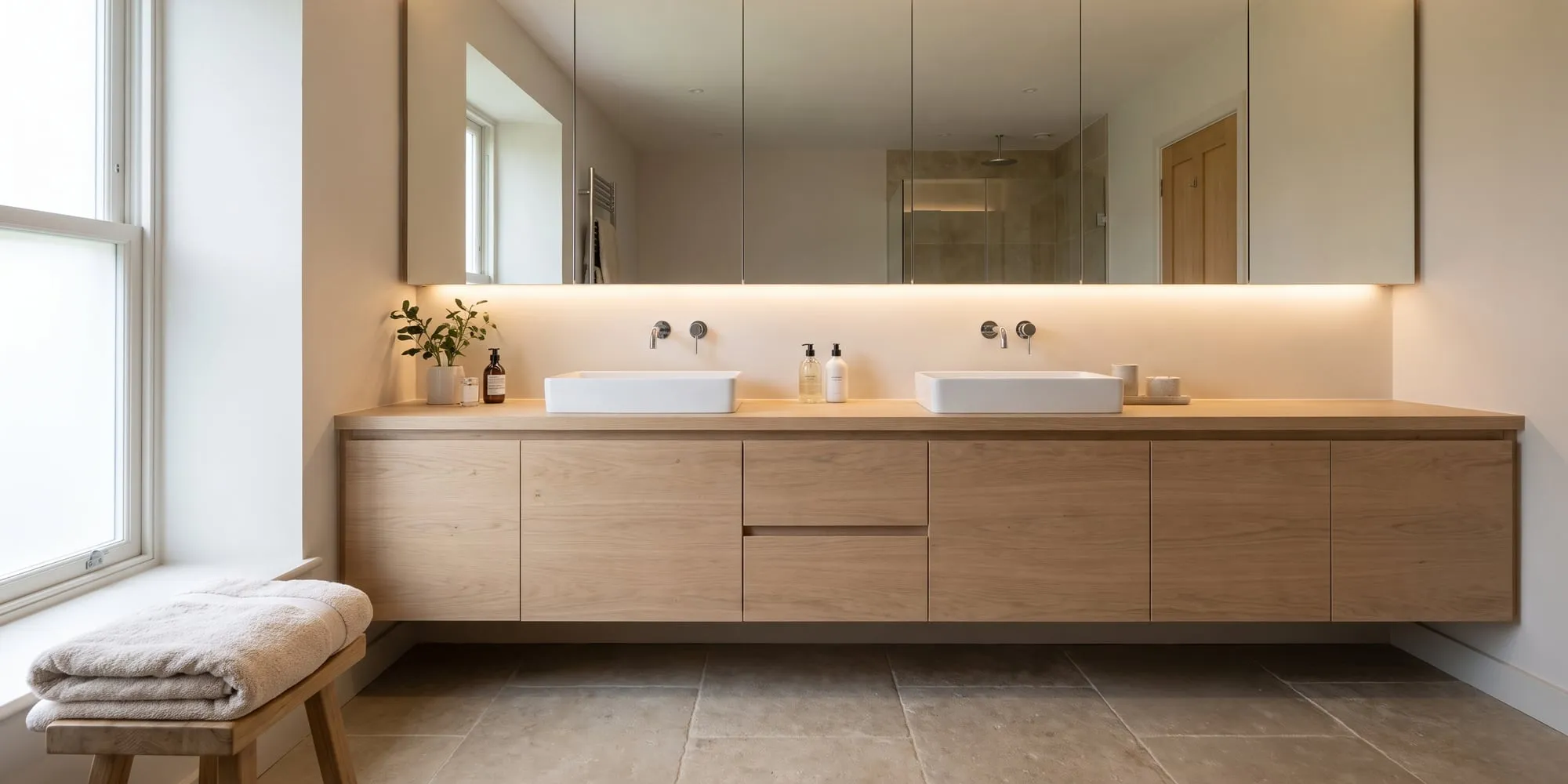 Long vanity unit beneath a full mirrored wall with integrated lighting