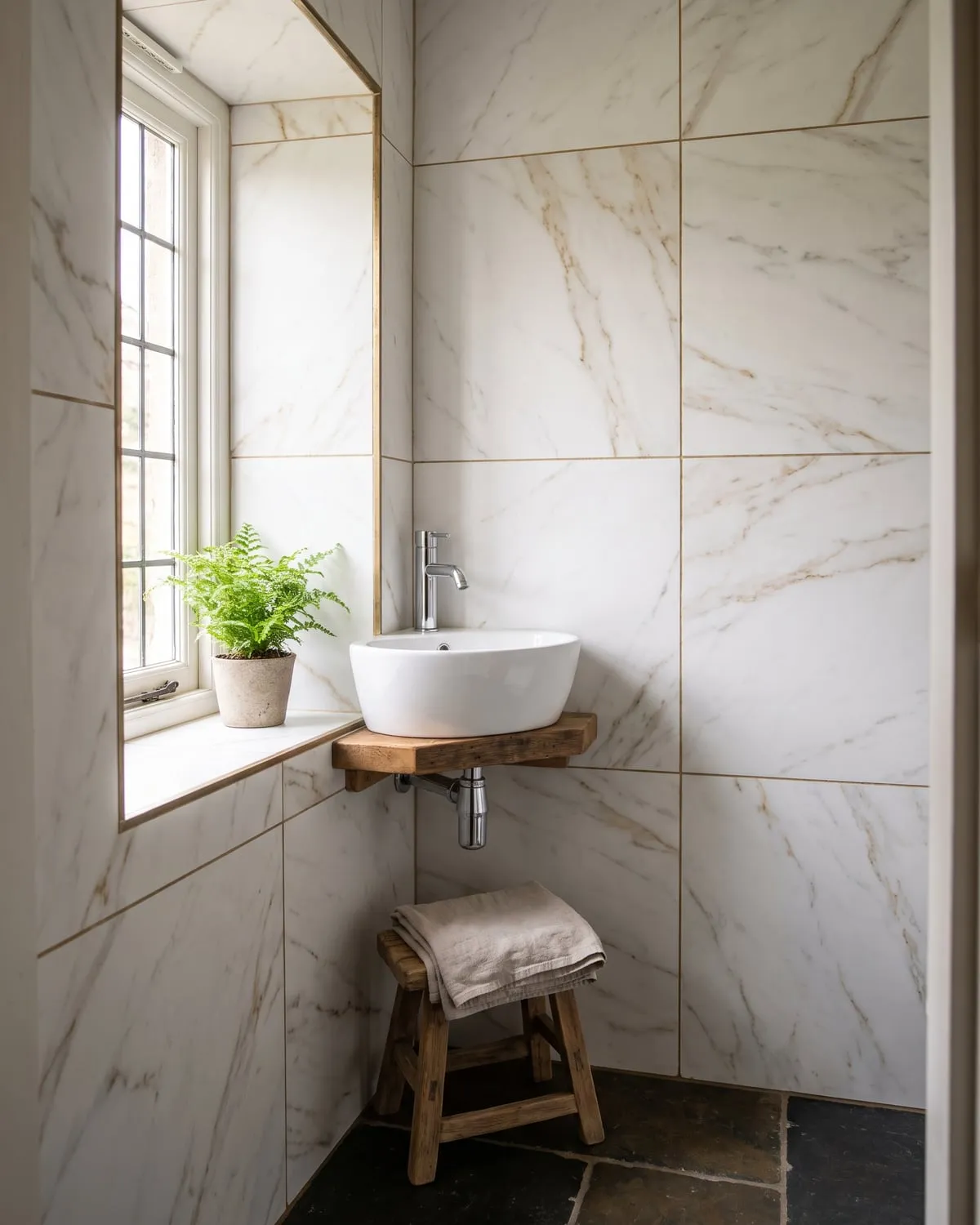 Cloakroom in marble-effect tile with warm veining and a compact corner basin