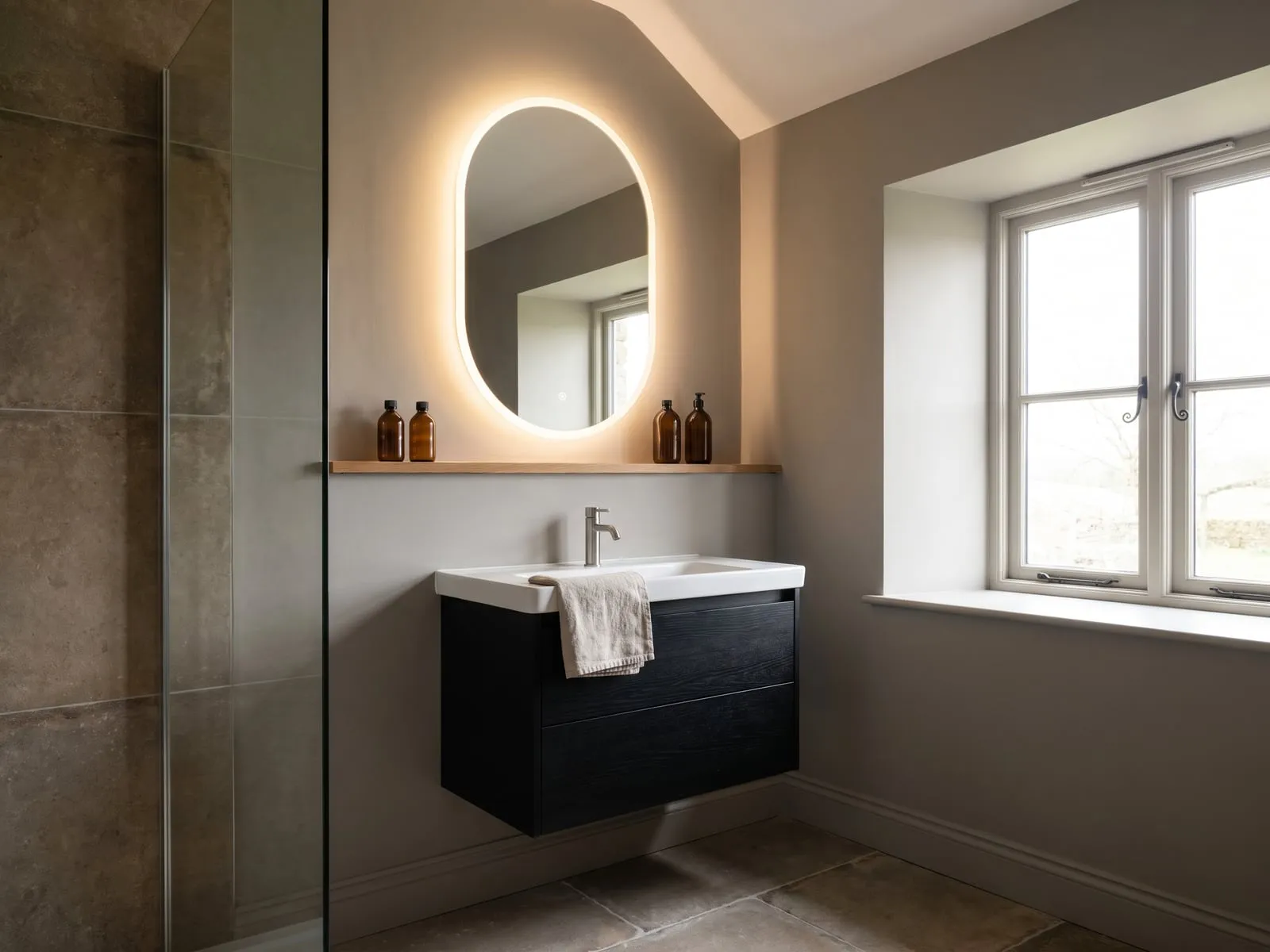 Oval mirror above a black wall-hung vanity unit