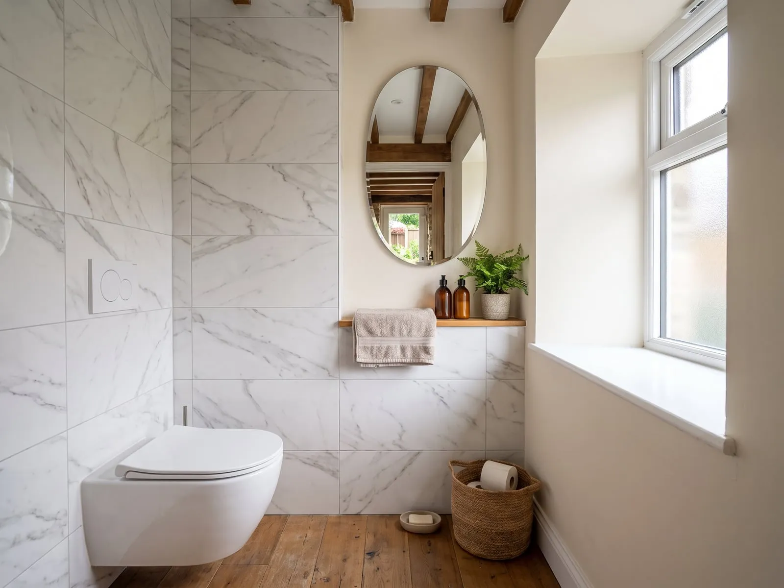 Cloakroom with an oval mirror, marble-effect walls and a wall-hung WC