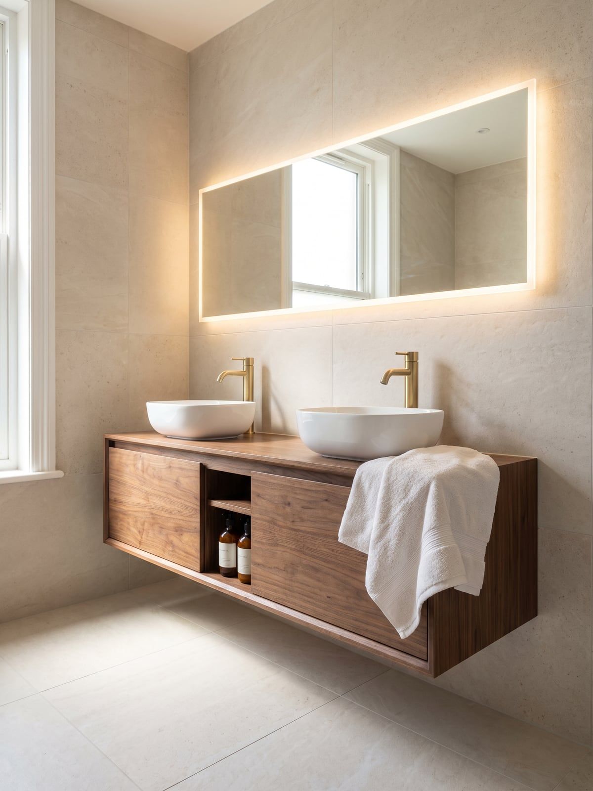 Wide walnut vanity unit with two white basins, two tall brushed brass taps and a long backlit mirror above it