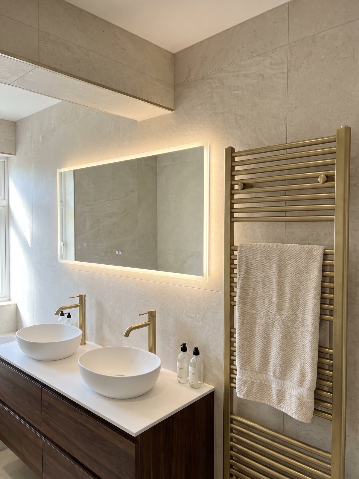 Long backlit mirror above the basins, with the brushed brass towel radiator on the wall beside it