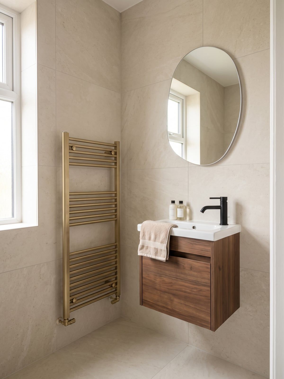 Separate cloakroom with a small walnut vanity unit, a matt black tap and an organically shaped mirror