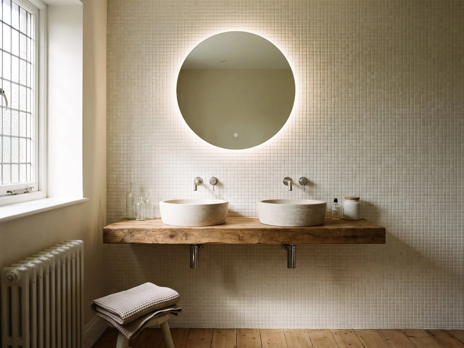 Bathroom with a round lit mirror against a mosaic wall and two stone basins