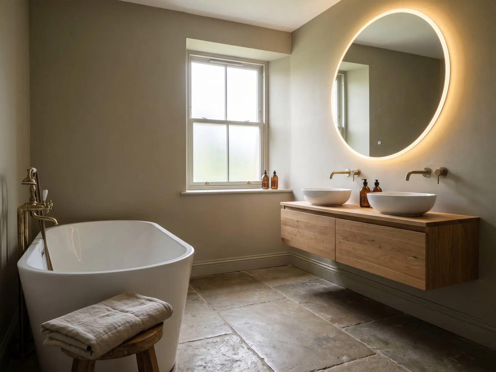 Bathroom with a large round lit mirror, a wall-hung oak vanity unit with two basins and a freestanding bath