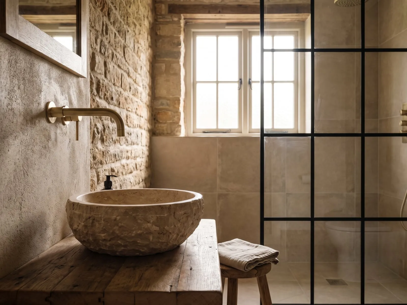 Stone basin with a brass wall tap beside a black framed glass screen
