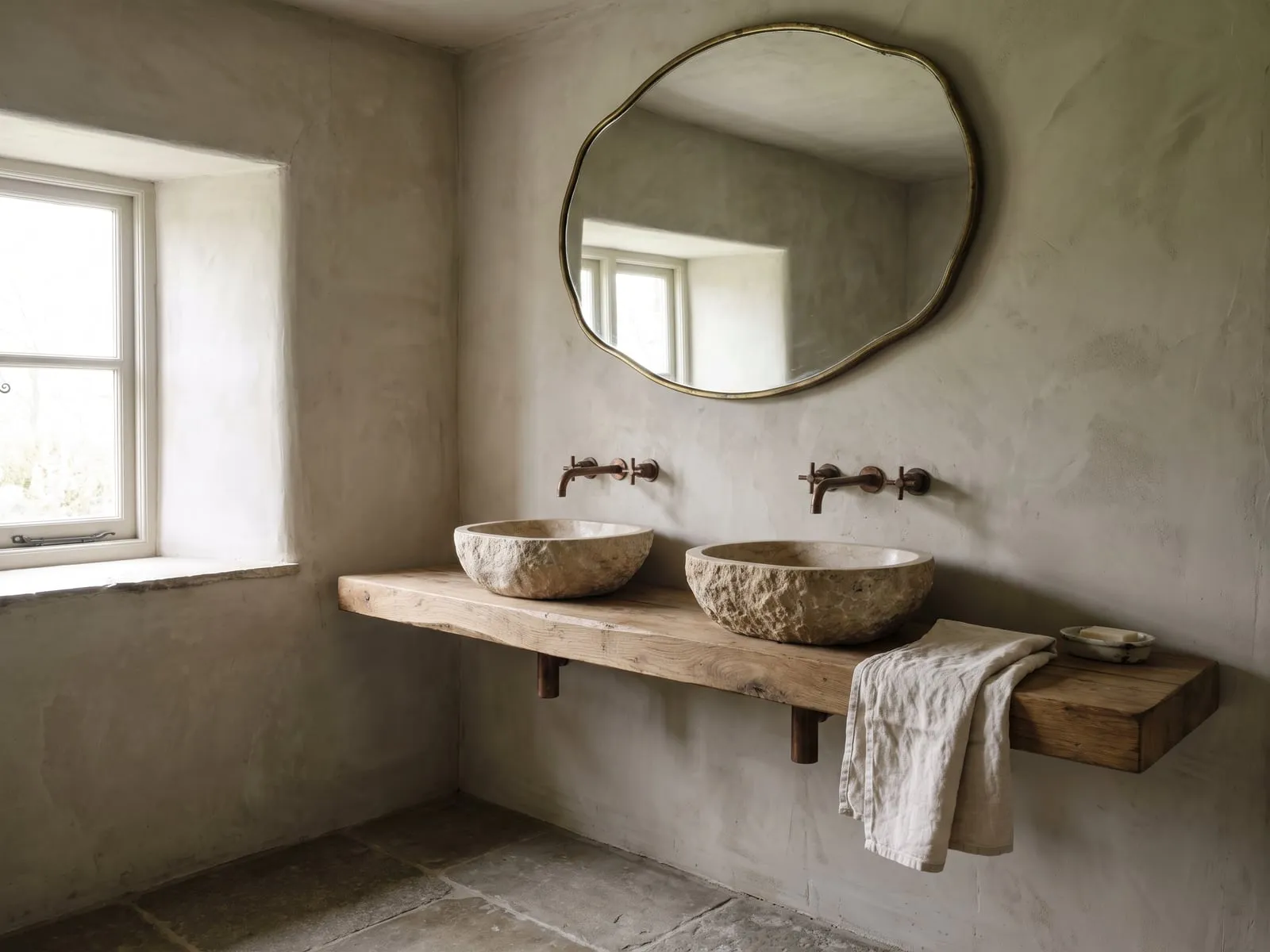 Two natural stone basins with copper taps on a timber shelf