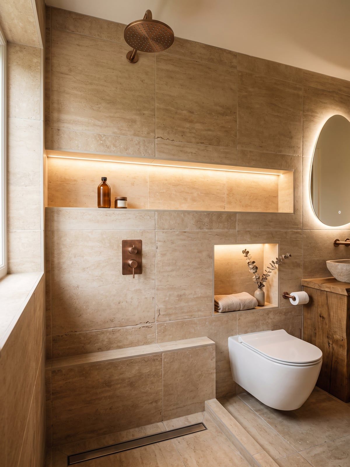 Shower in travertine effect with a long lit recess running the full width and brushed copper concealed valves