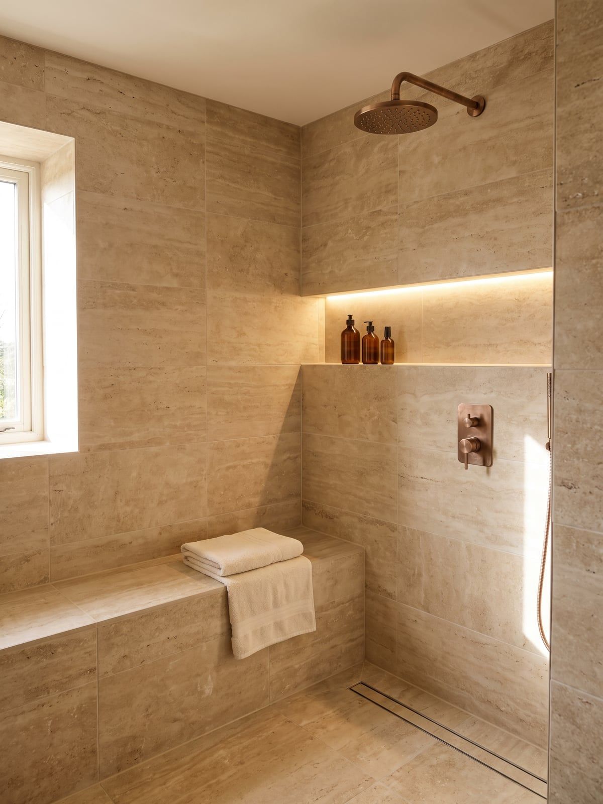 Shower with a brushed copper rain shower on a wall arm, a tiled built-in bench and a lit recess in the wall