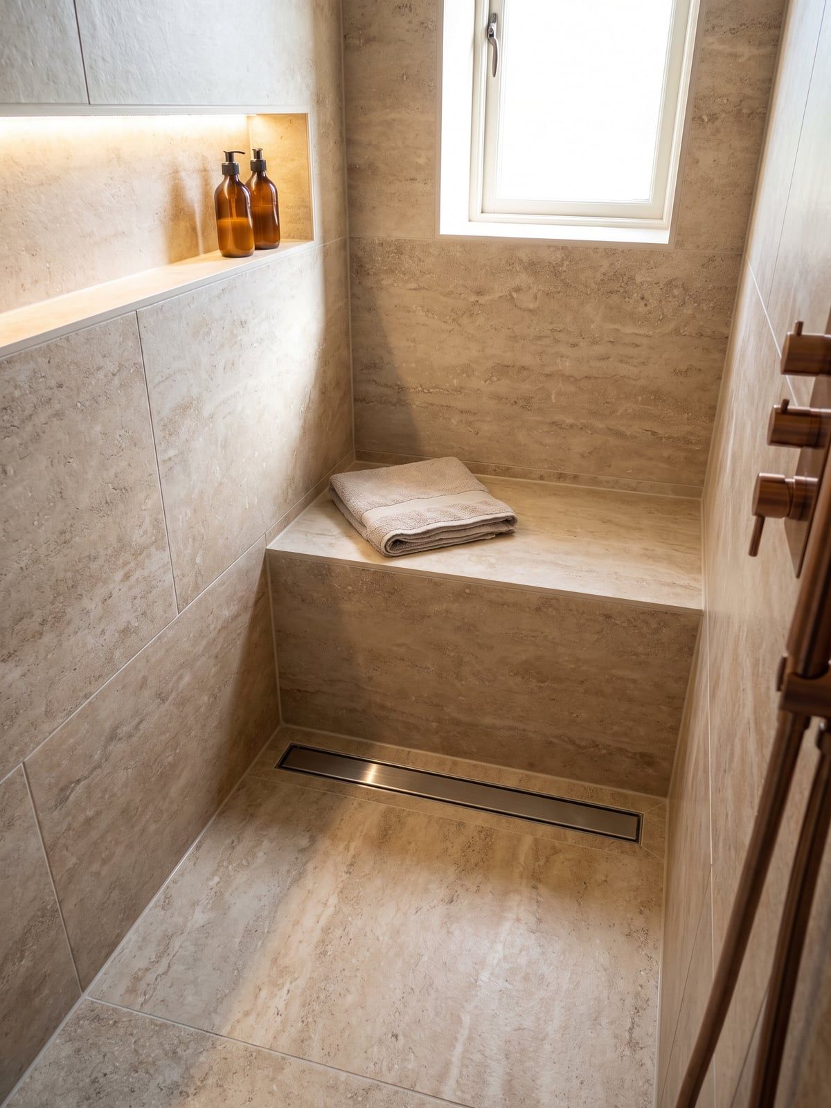 Travertine-effect shower floor with a long linear drain and a tiled built-in bench