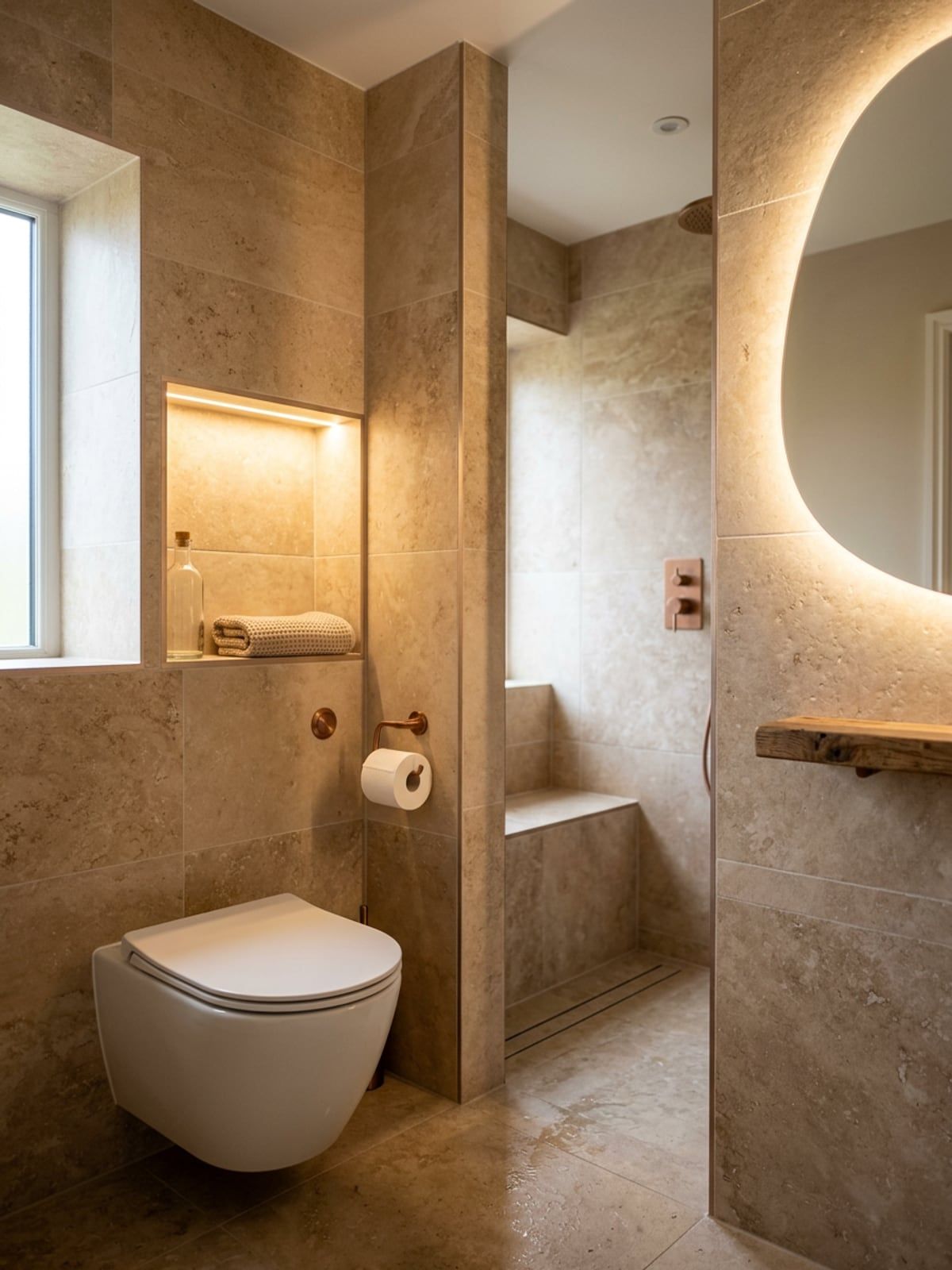 Wall-hung WC with a lit shelf recess above it, a brushed copper toilet roll holder and an organically shaped backlit mirror beside it