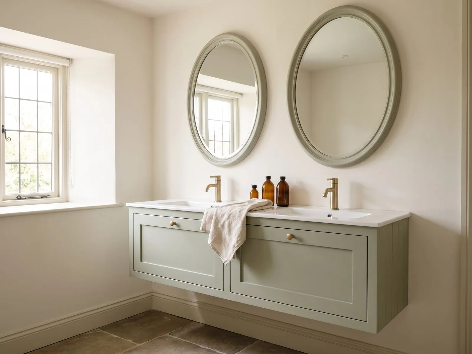 Twin oval mirrors above a double vanity with brass taps