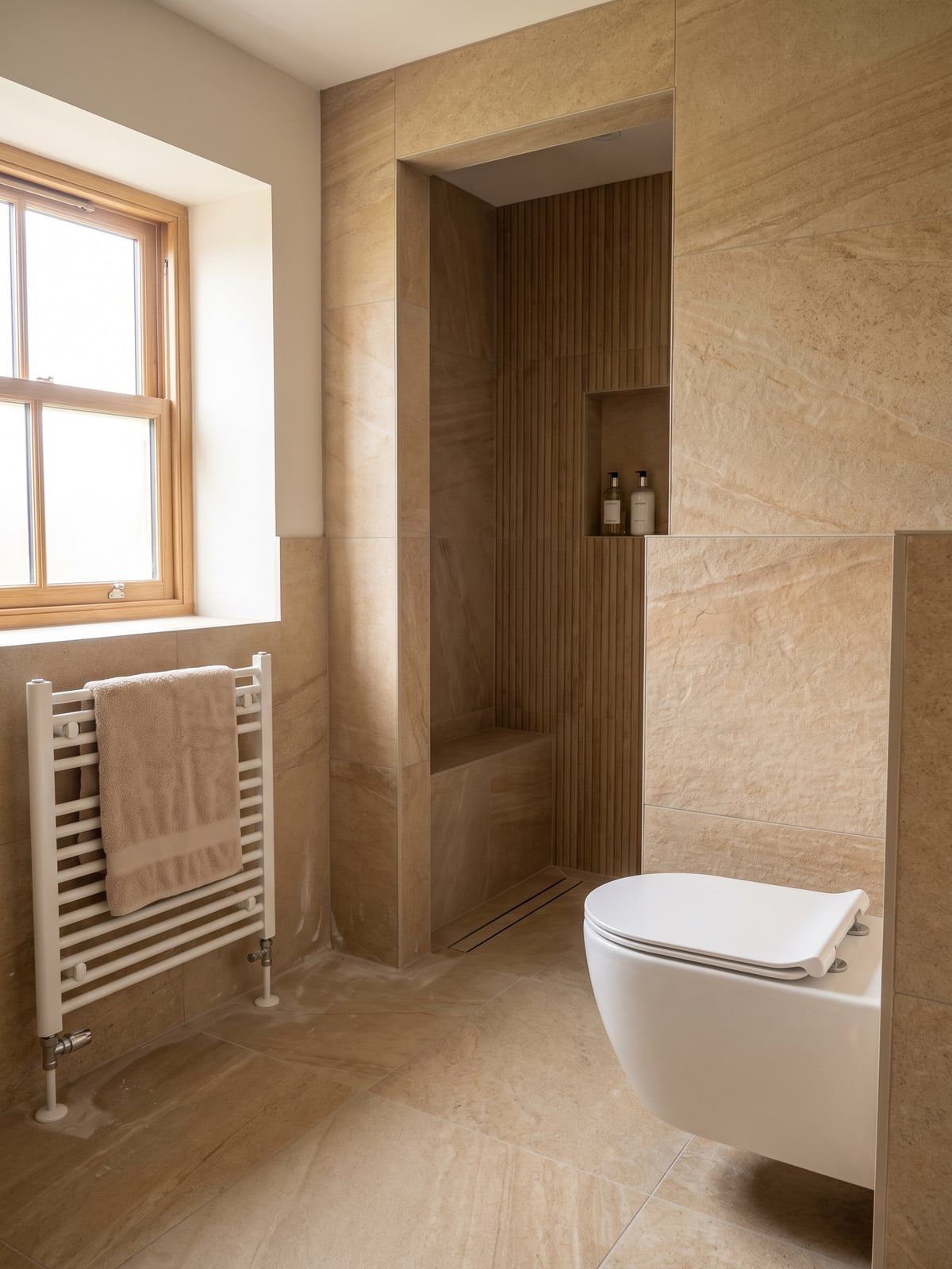 Wall-hung WC beside a half-height tiled wall, with a white towel radiator under the window