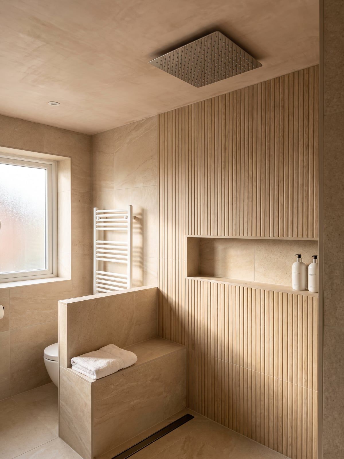 Shower with fluted oak-effect panels, a ceiling rain shower and a recess lined in fluted tile