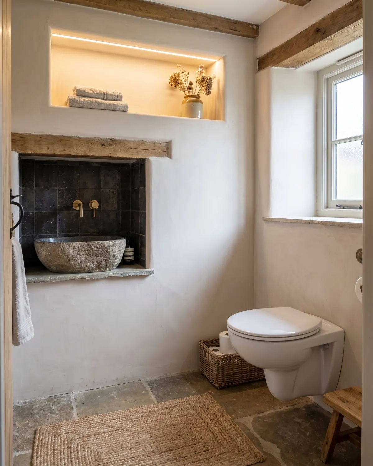 Cloakroom with a basin set into a tiled recess