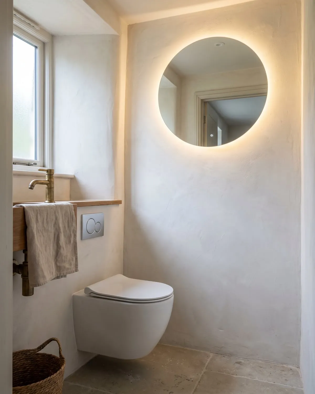 Cloakroom with a backlit round mirror and a wall-hung WC