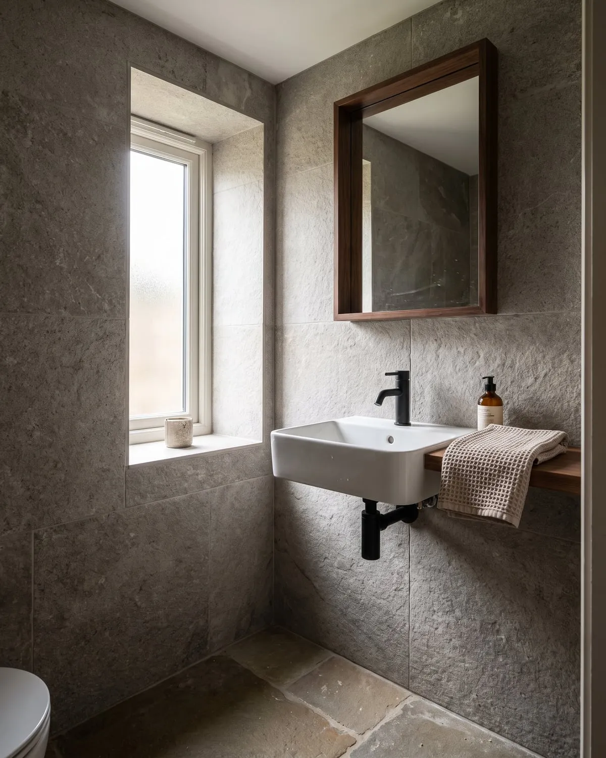 Cloakroom in stone-effect tile with a wall-hung basin