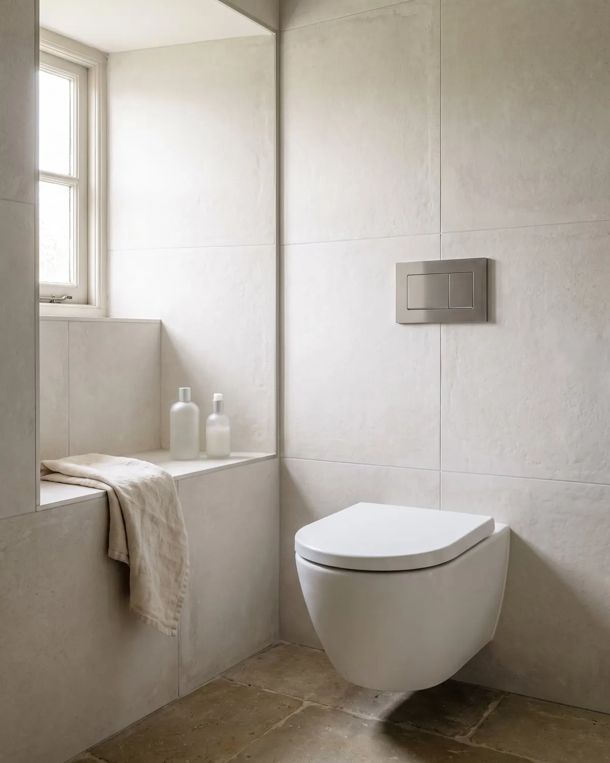 Cloakroom with a wall-hung WC and light large-format tiling
